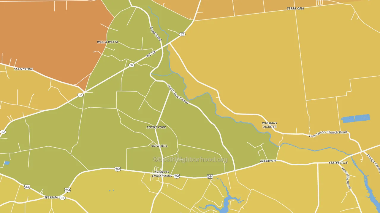 Map of the best neighborhoods in the Pinetown area, with better matches in green and worse matches in red