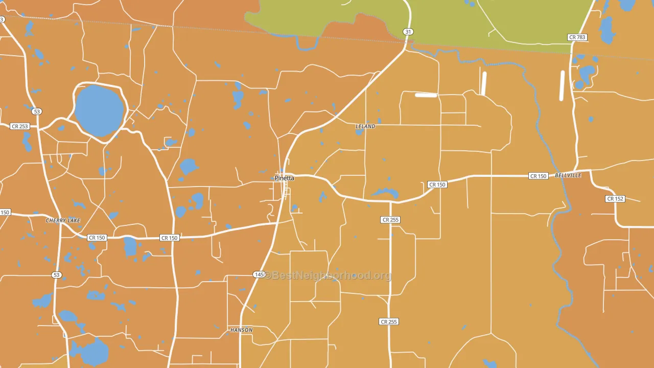 Map of the best neighborhoods in the Pinetta area, with better matches in green and worse matches in red