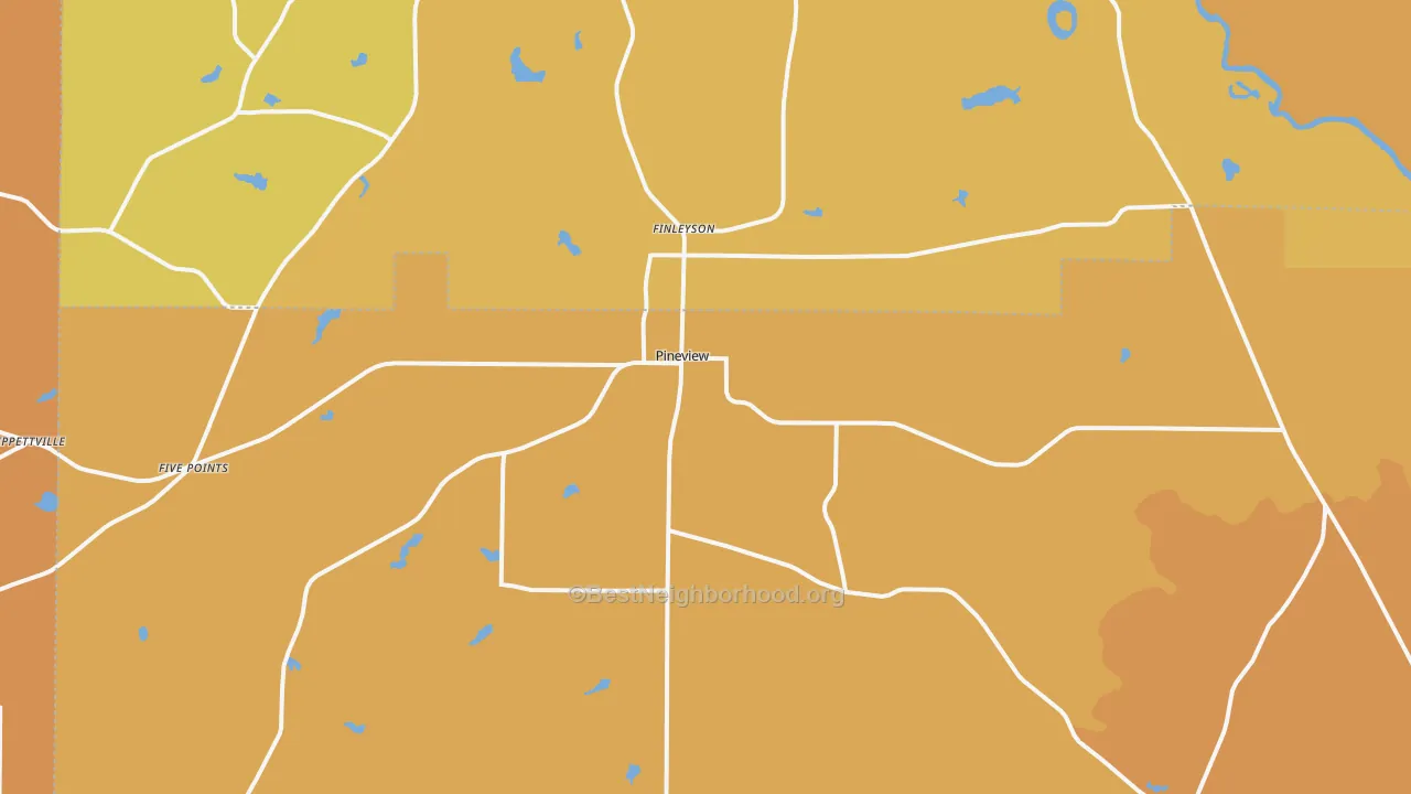 Map of the best neighborhoods in the Pineview area, with better matches in green and worse matches in red