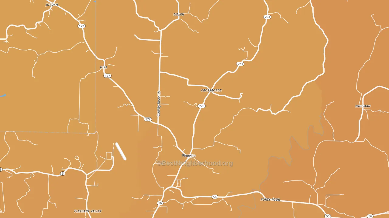 Map of the best neighborhoods in the Pineville area, with better matches in green and worse matches in red