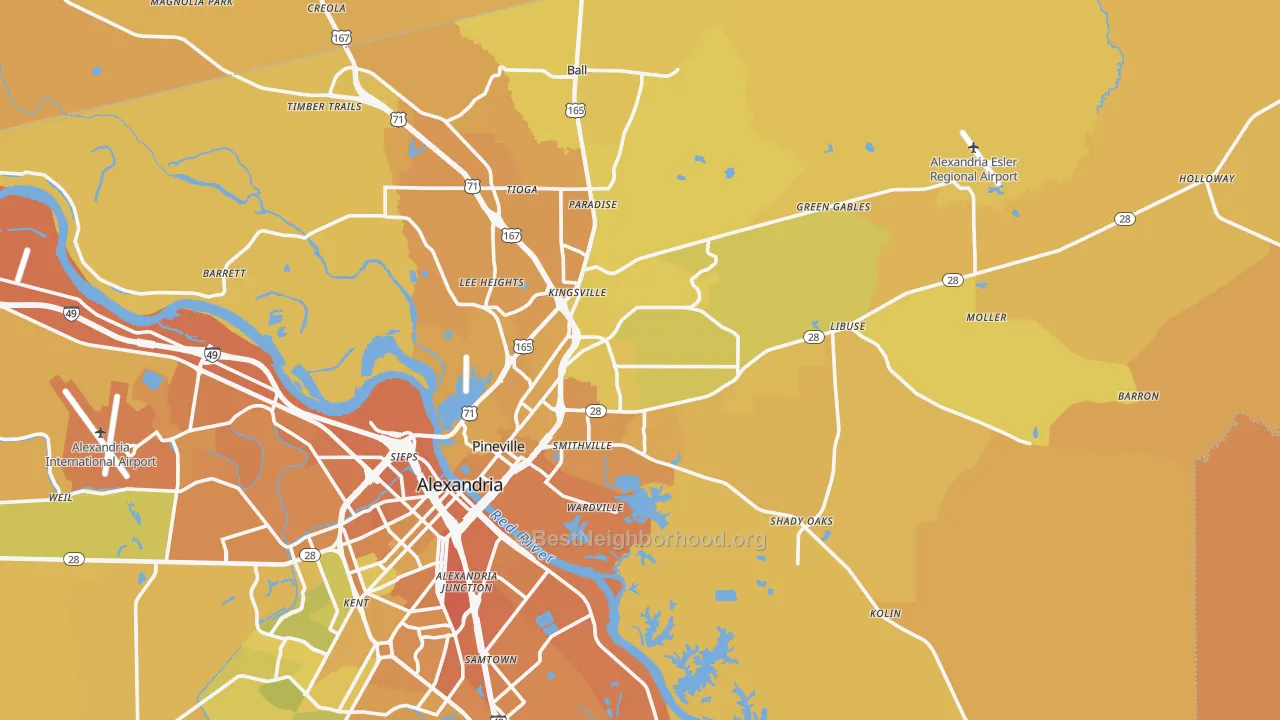 Map of the best neighborhoods in the Pineville area, with better matches in green and worse matches in red
