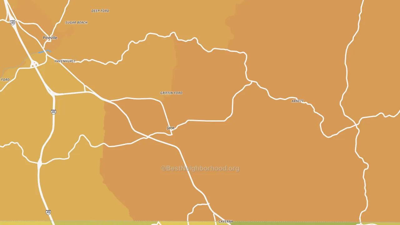 Map of the best neighborhoods in the Pineville area, with better matches in green and worse matches in red