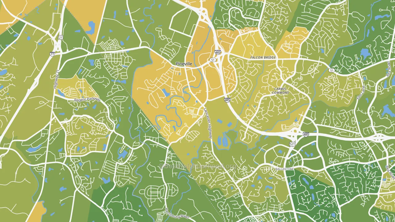 Map of the best neighborhoods in the Pineville area, with better matches in green and worse matches in red
