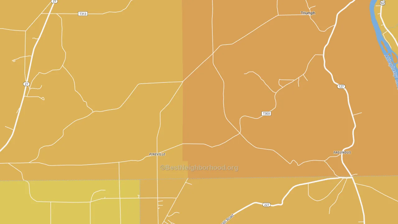 Map of the best neighborhoods in the Pineville area, with better matches in green and worse matches in red
