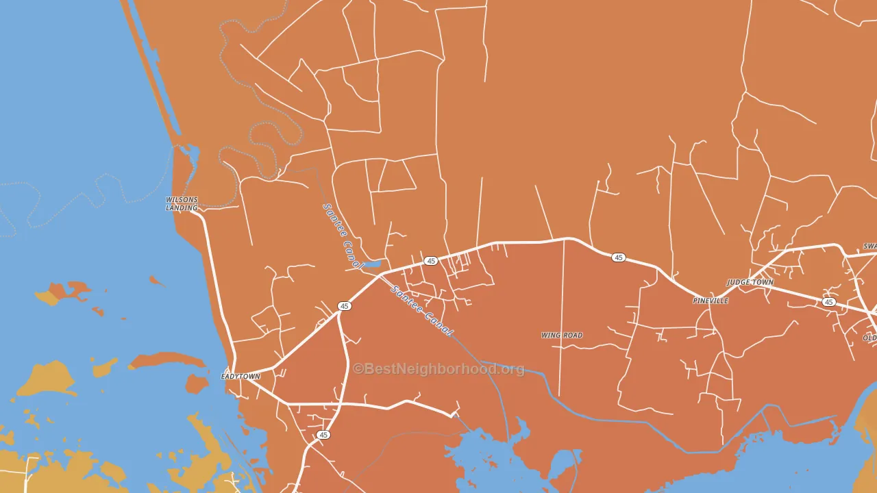 Map of the best neighborhoods in the Pineville area, with better matches in green and worse matches in red
