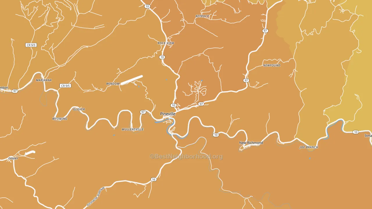 Map of the best neighborhoods in the Pineville area, with better matches in green and worse matches in red