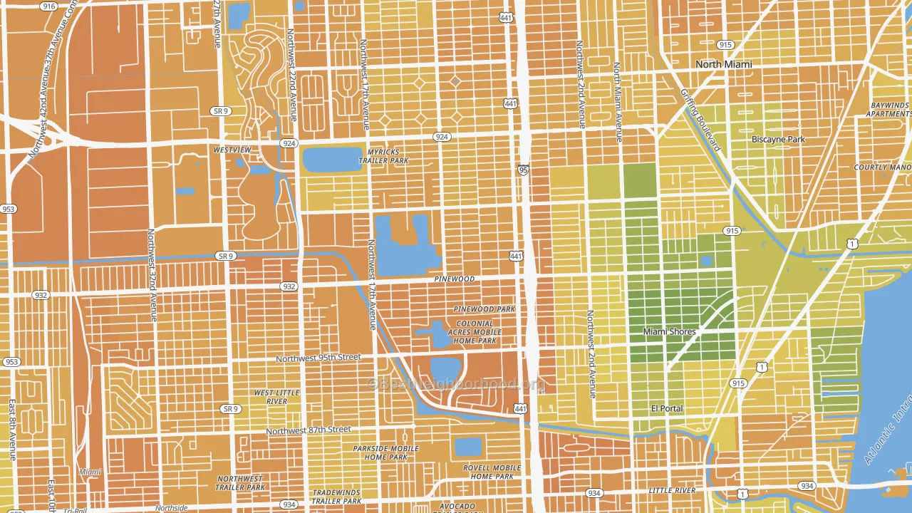 Map of the best neighborhoods in the Pinewood area, with better matches in green and worse matches in red