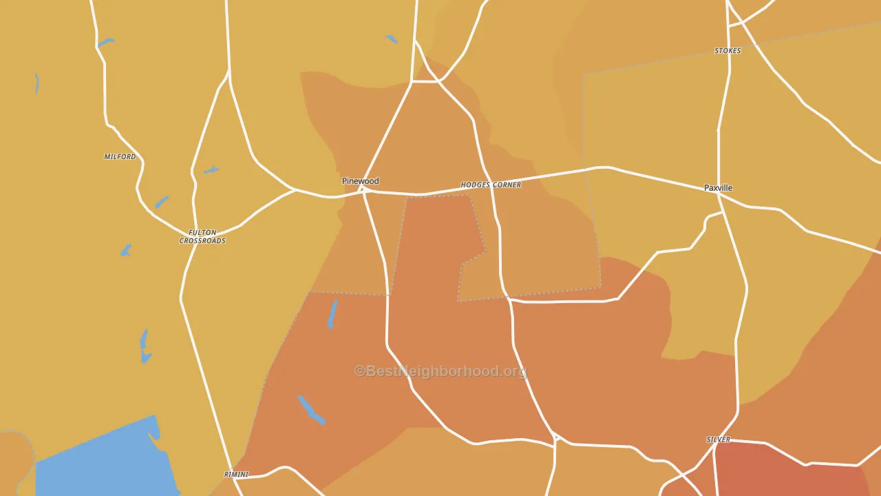 Map of the best neighborhoods in the Pinewood area, with better matches in green and worse matches in red