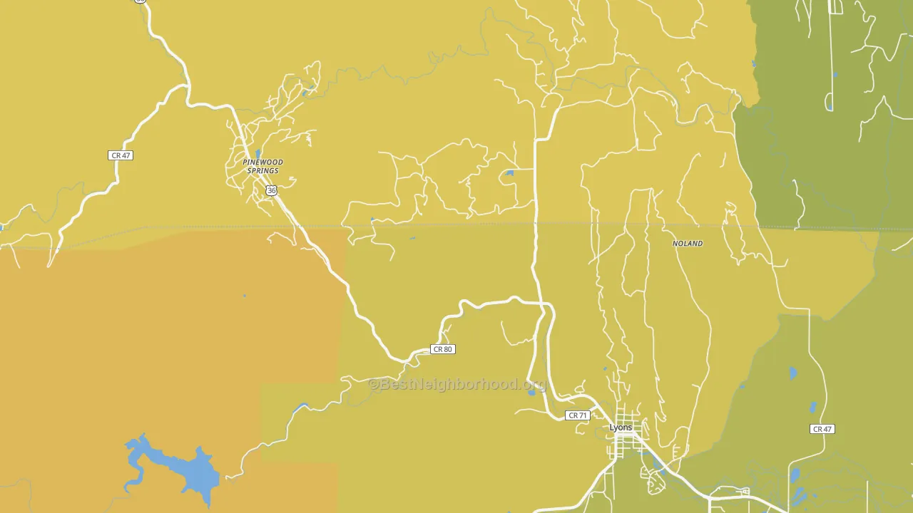 Map of the best neighborhoods in the Pinewood Springs area, with better matches in green and worse matches in red