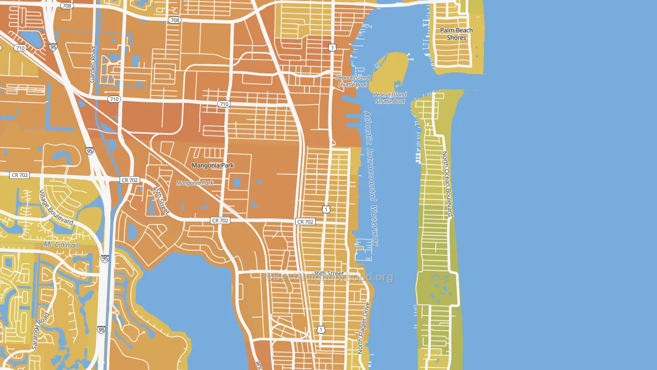 Map of the best neighborhoods in the Pinewood-West Palm Beach, West Palm Beach area, with better matches in green and worse matches in red