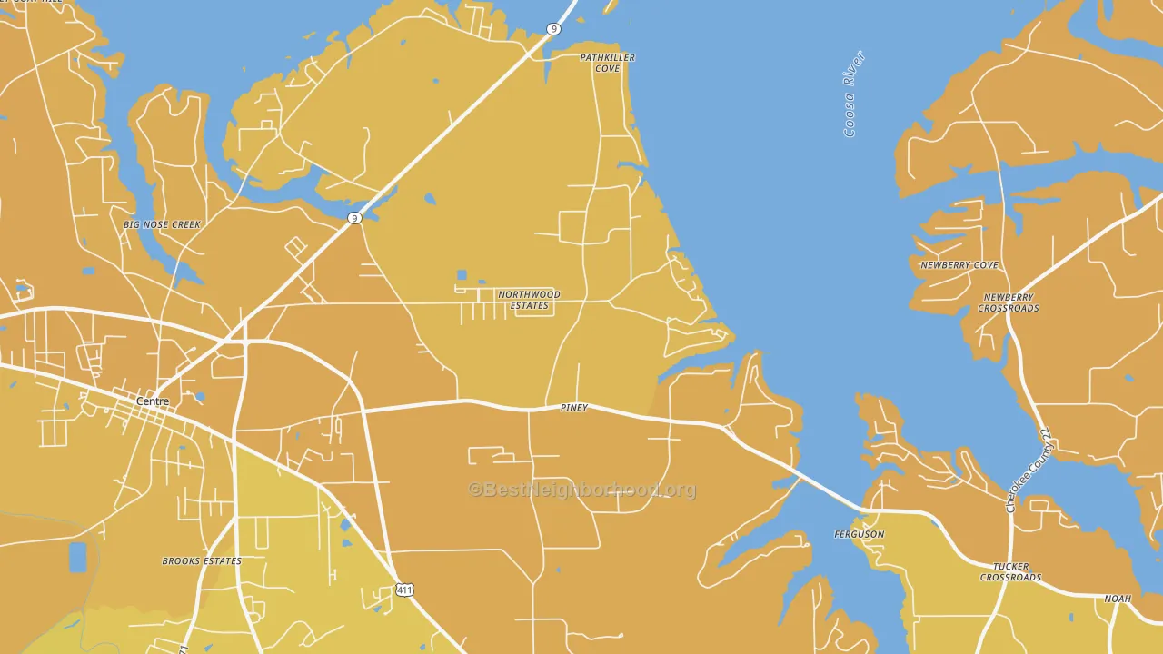 Map of the best neighborhoods in the Piney area, with better matches in green and worse matches in red