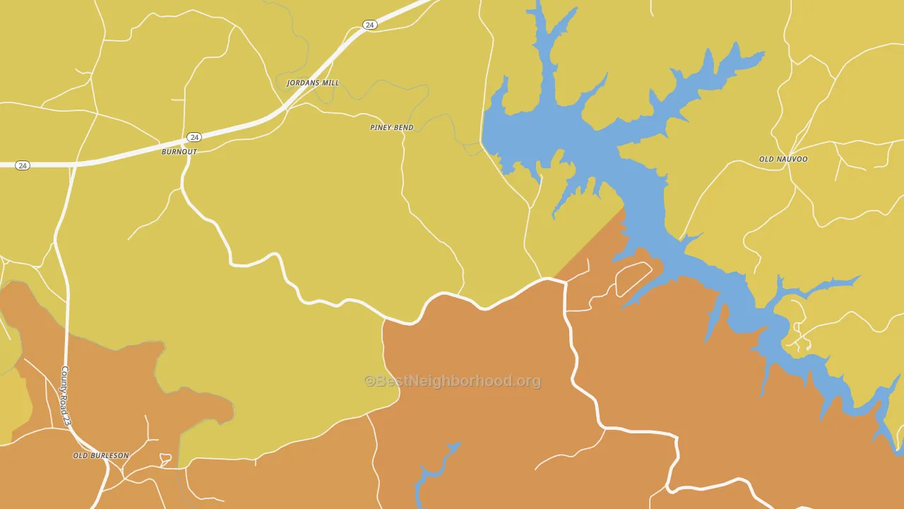 Map of the best neighborhoods in the Piney Bend area, with better matches in green and worse matches in red