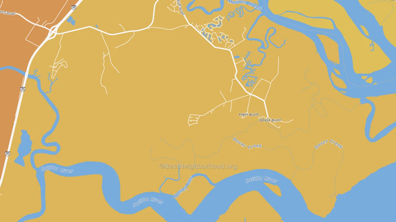 Map of the best neighborhoods in the Piney Bluff area, with better matches in green and worse matches in red
