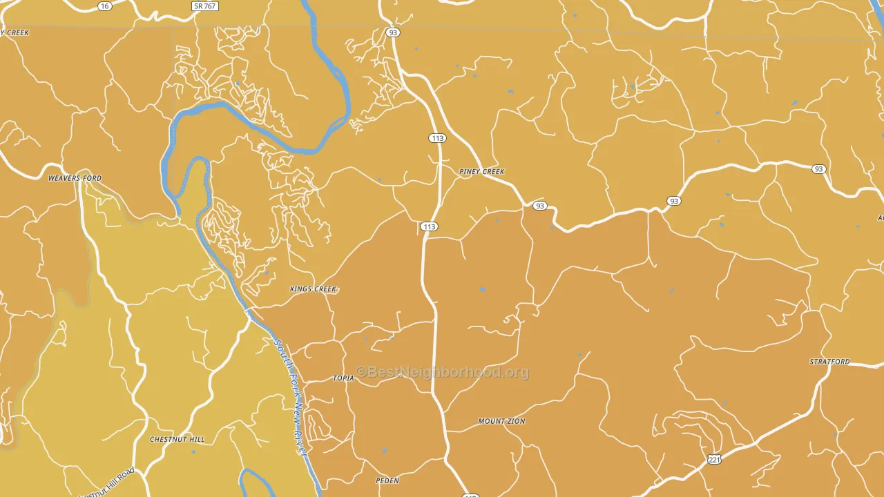 Map of the best neighborhoods in the Piney Creek area, with better matches in green and worse matches in red