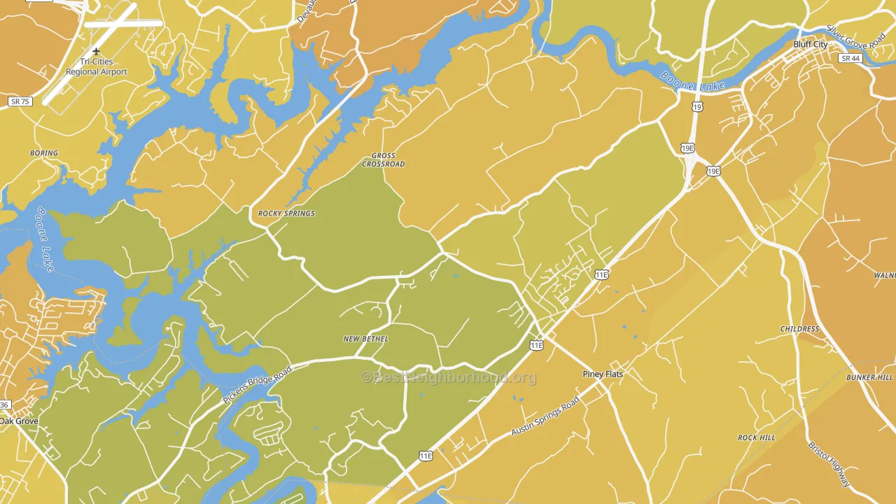 Map of the best neighborhoods in the Piney Flats area, with better matches in green and worse matches in red