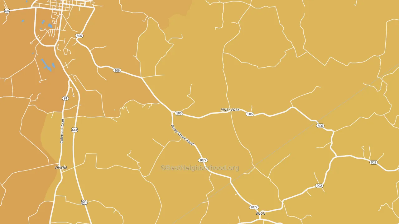 Map of the best neighborhoods in the Piney Fork area, with better matches in green and worse matches in red