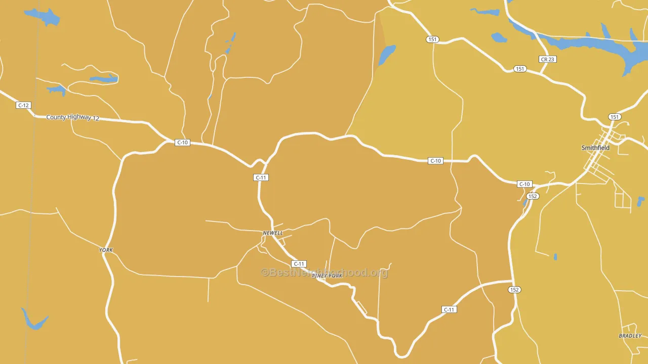 Map of the best neighborhoods in the Piney Fork area, with better matches in green and worse matches in red