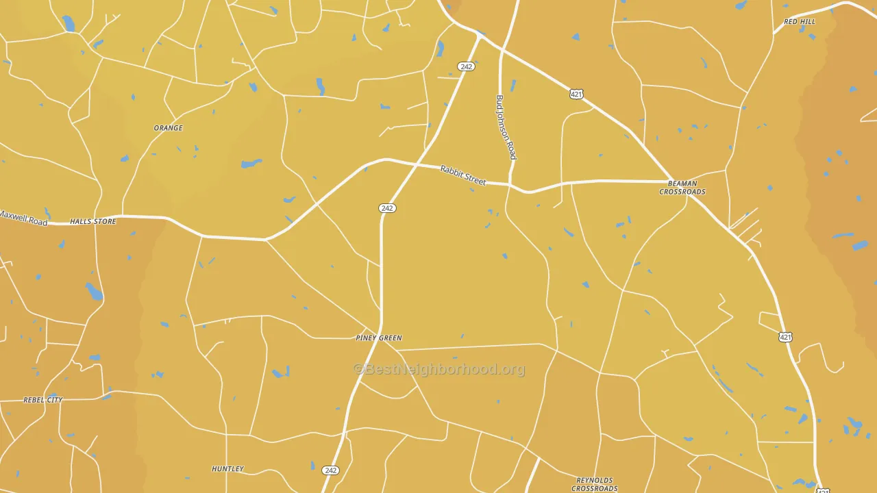 Map of the best neighborhoods in the Piney Green area, with better matches in green and worse matches in red