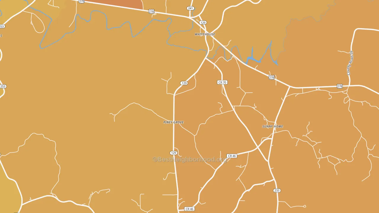 Map of the best neighborhoods in the Piney Grove area, with better matches in green and worse matches in red