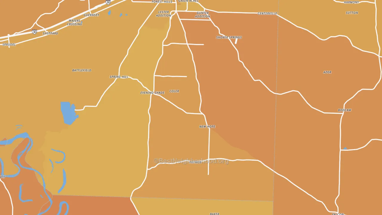 Map of the best neighborhoods in the Piney Grove area, with better matches in green and worse matches in red