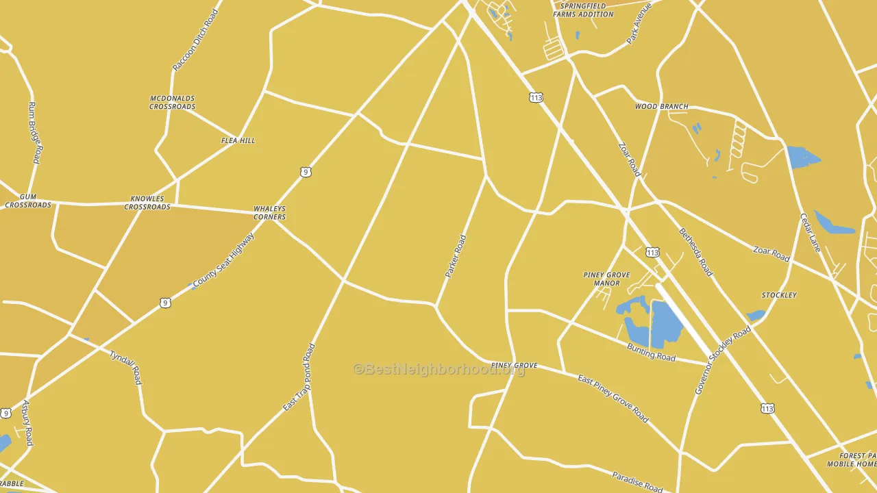 Map of the best neighborhoods in the Piney Grove area, with better matches in green and worse matches in red