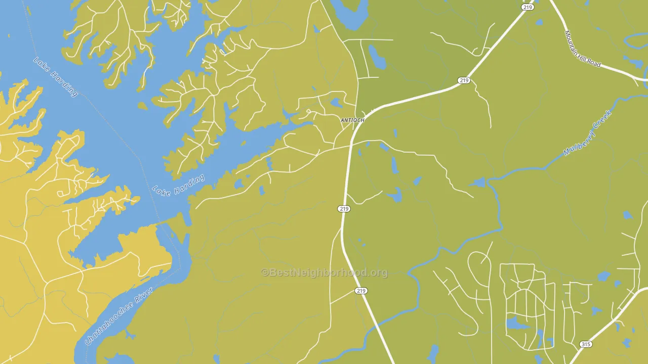 Map of the best neighborhoods in the Piney Grove area, with better matches in green and worse matches in red