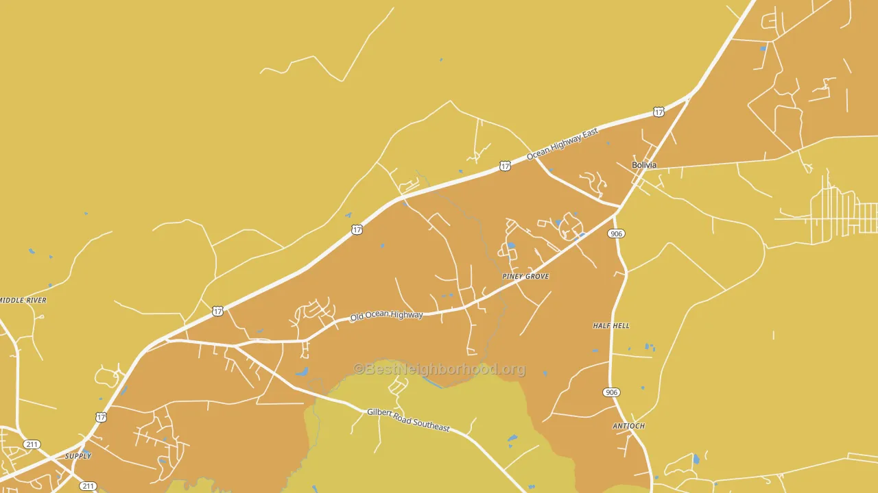 Map of the best neighborhoods in the Piney Grove area, with better matches in green and worse matches in red