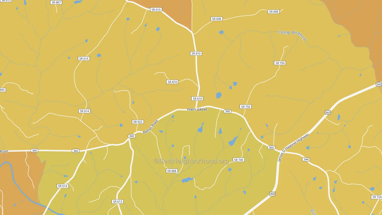 Map of the best neighborhoods in the Piney Grove area, with better matches in green and worse matches in red