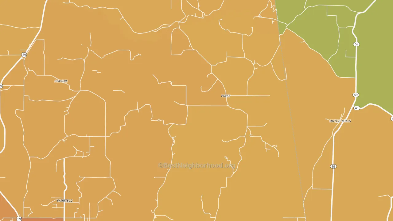 Map of the best neighborhoods in the Piney area, with better matches in green and worse matches in red