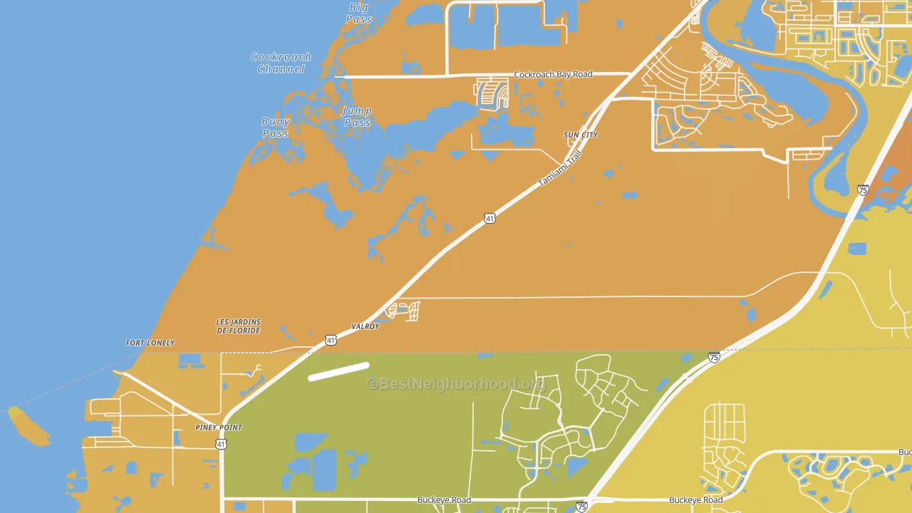 Map of the best neighborhoods in the Piney Point area, with better matches in green and worse matches in red