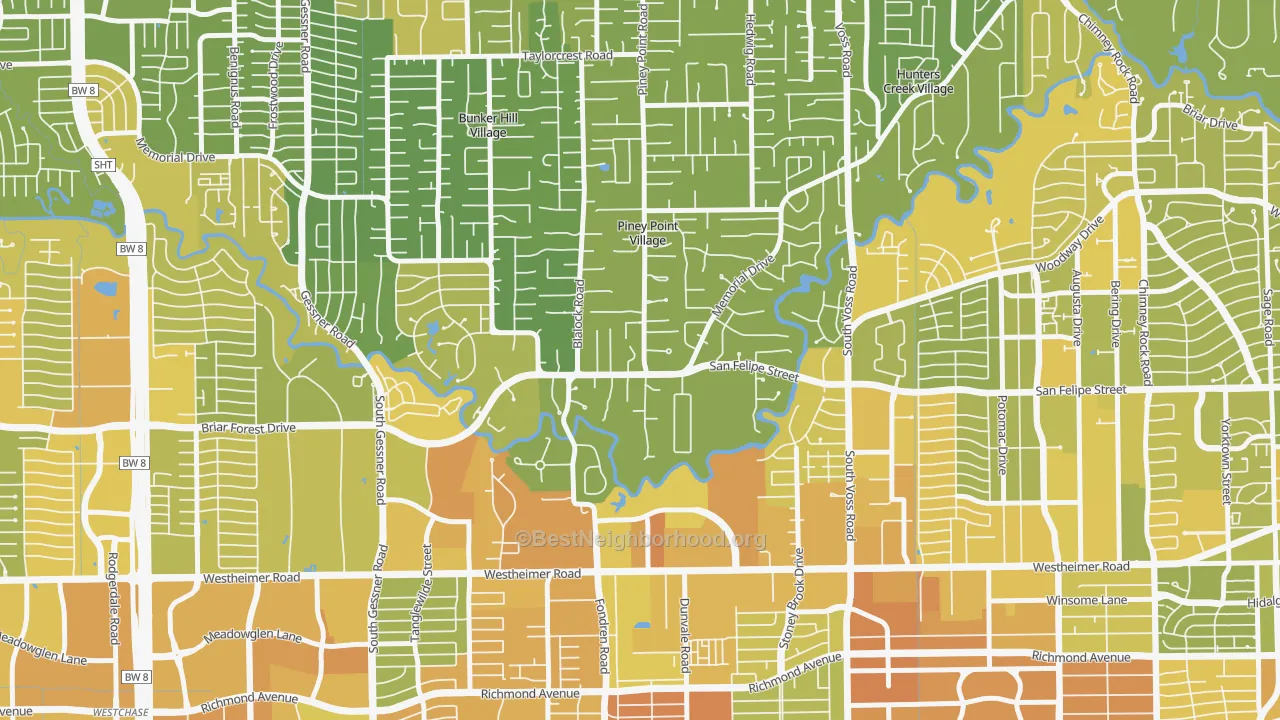 Map of the best neighborhoods in the Piney Point Village area, with better matches in green and worse matches in red