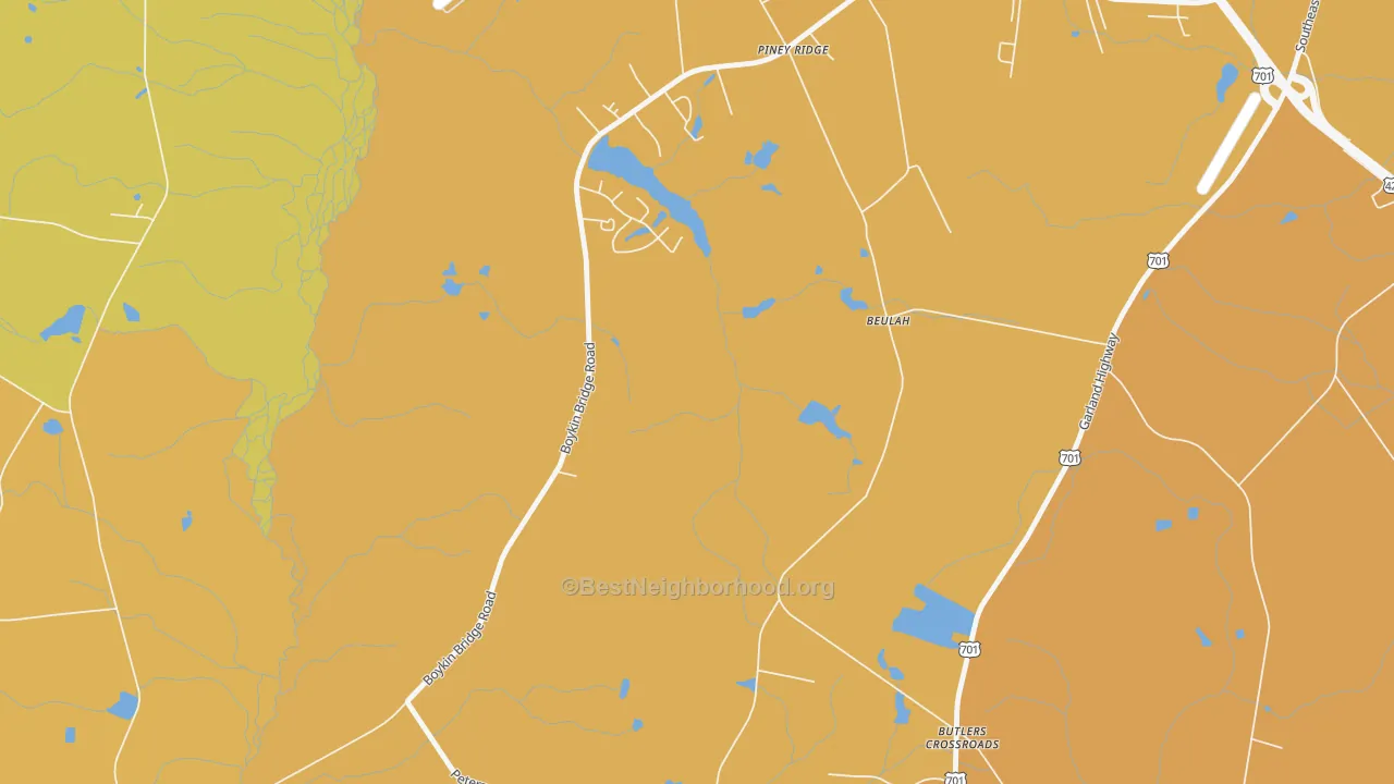 Map of the best neighborhoods in the Piney Ridge area, with better matches in green and worse matches in red