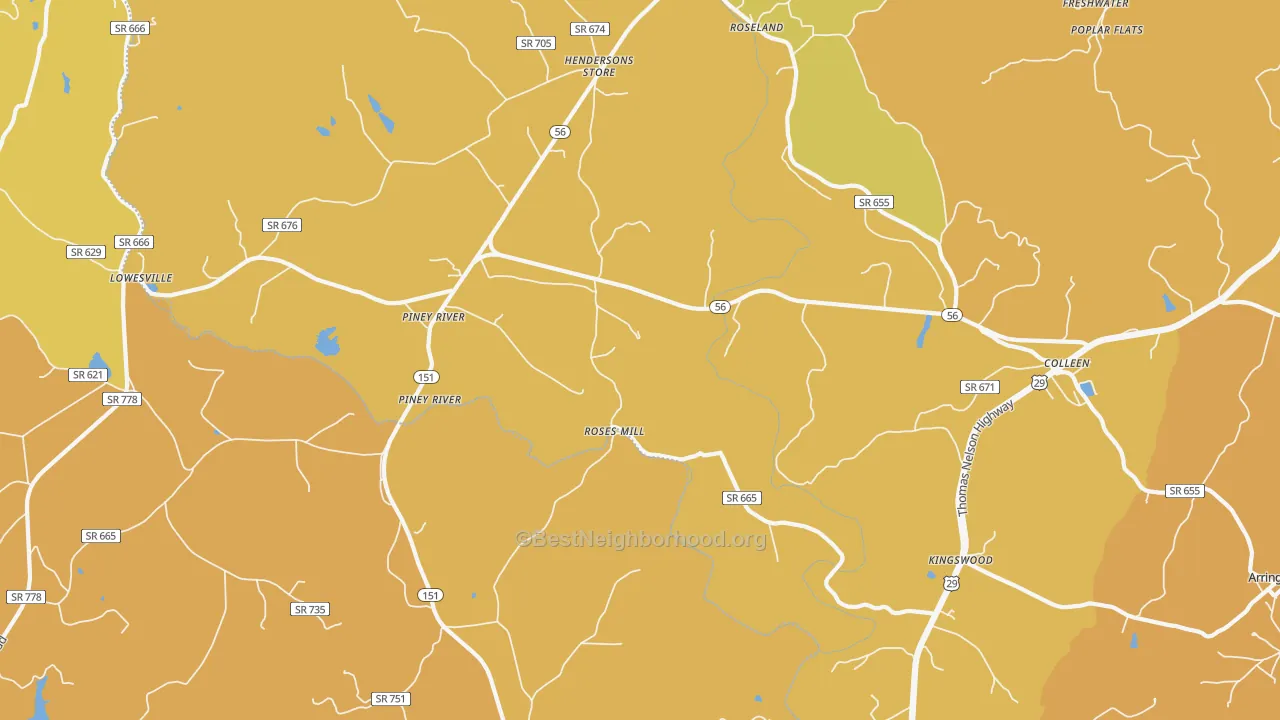 Map of the best neighborhoods in the Piney River area, with better matches in green and worse matches in red