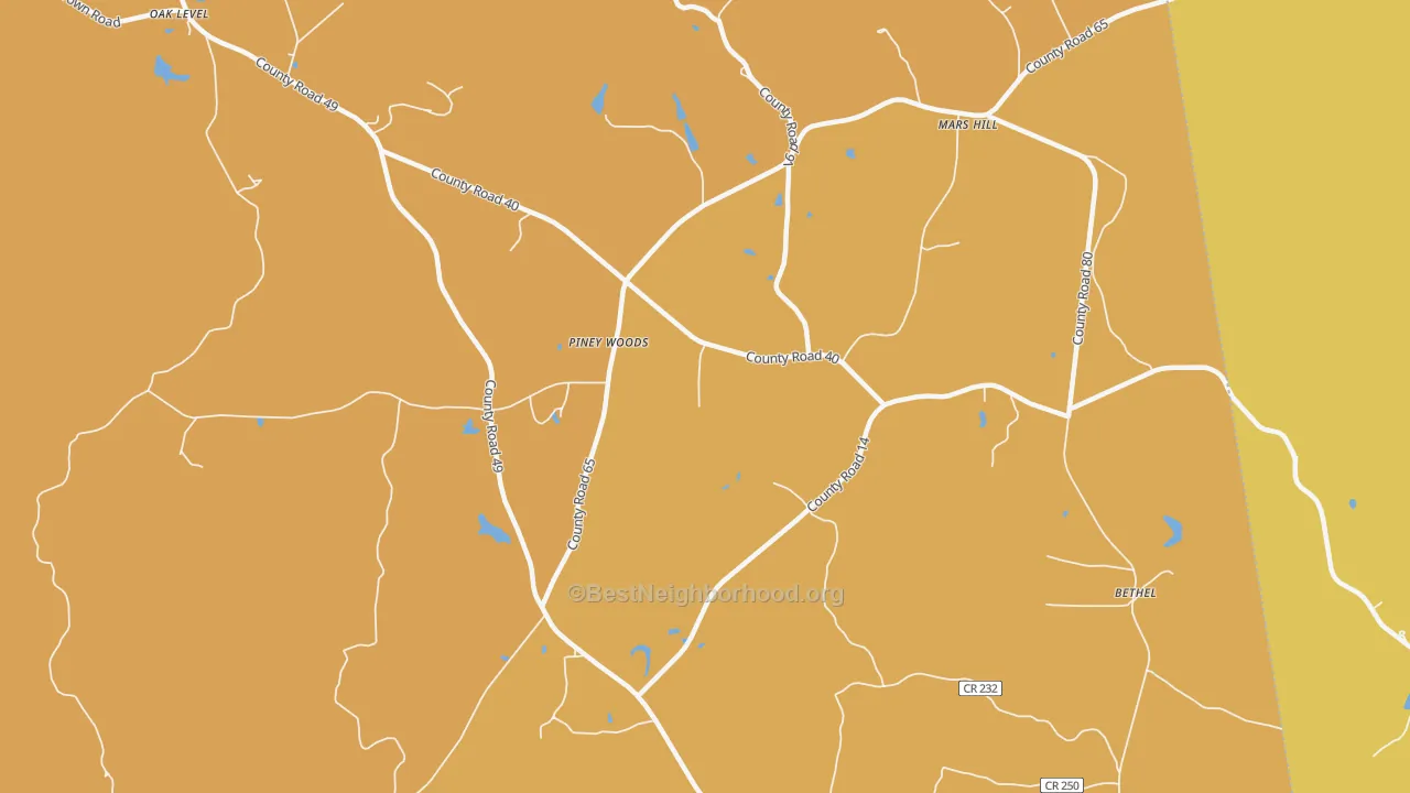 Map of the best neighborhoods in the Piney Woods area, with better matches in green and worse matches in red
