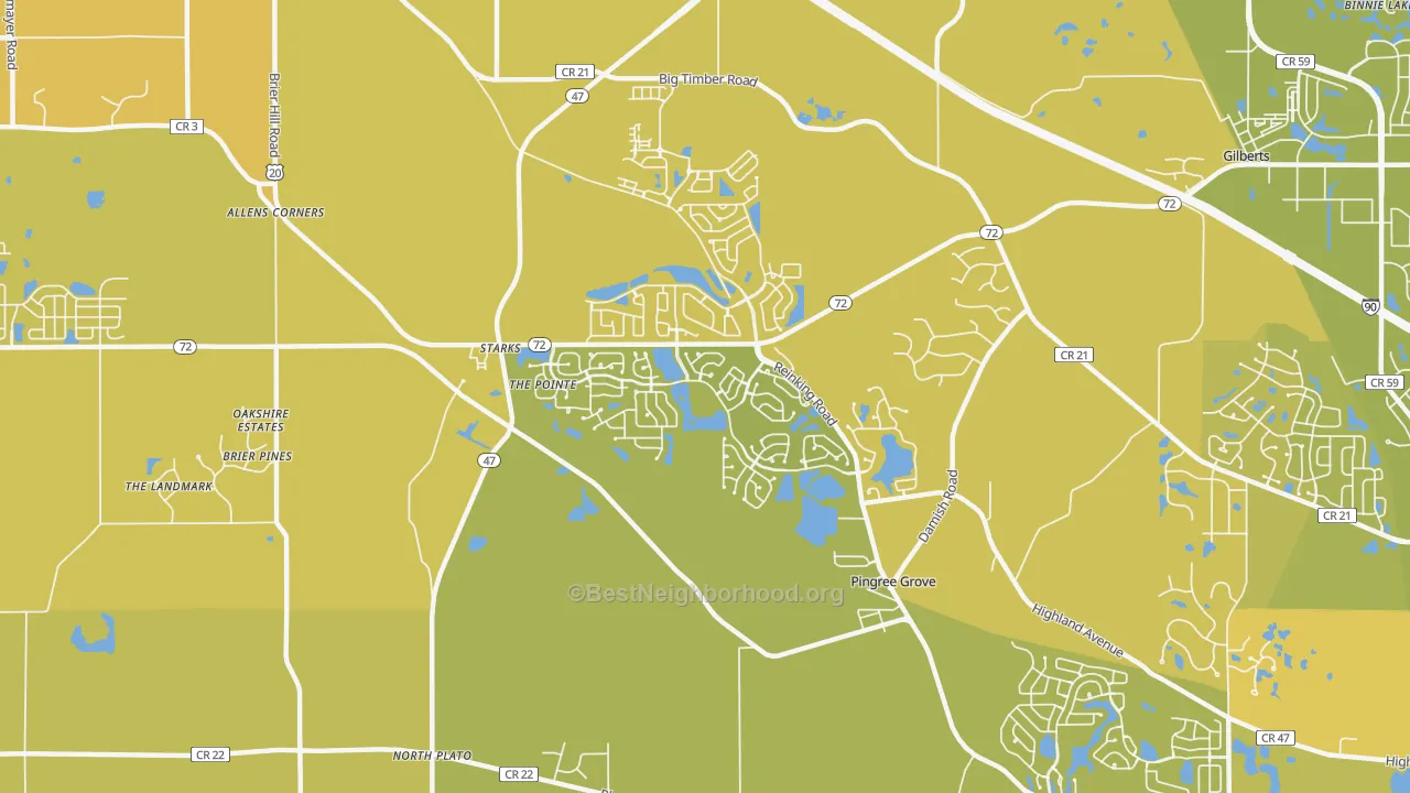 Map of the best neighborhoods in the Pingree Grove area, with better matches in green and worse matches in red