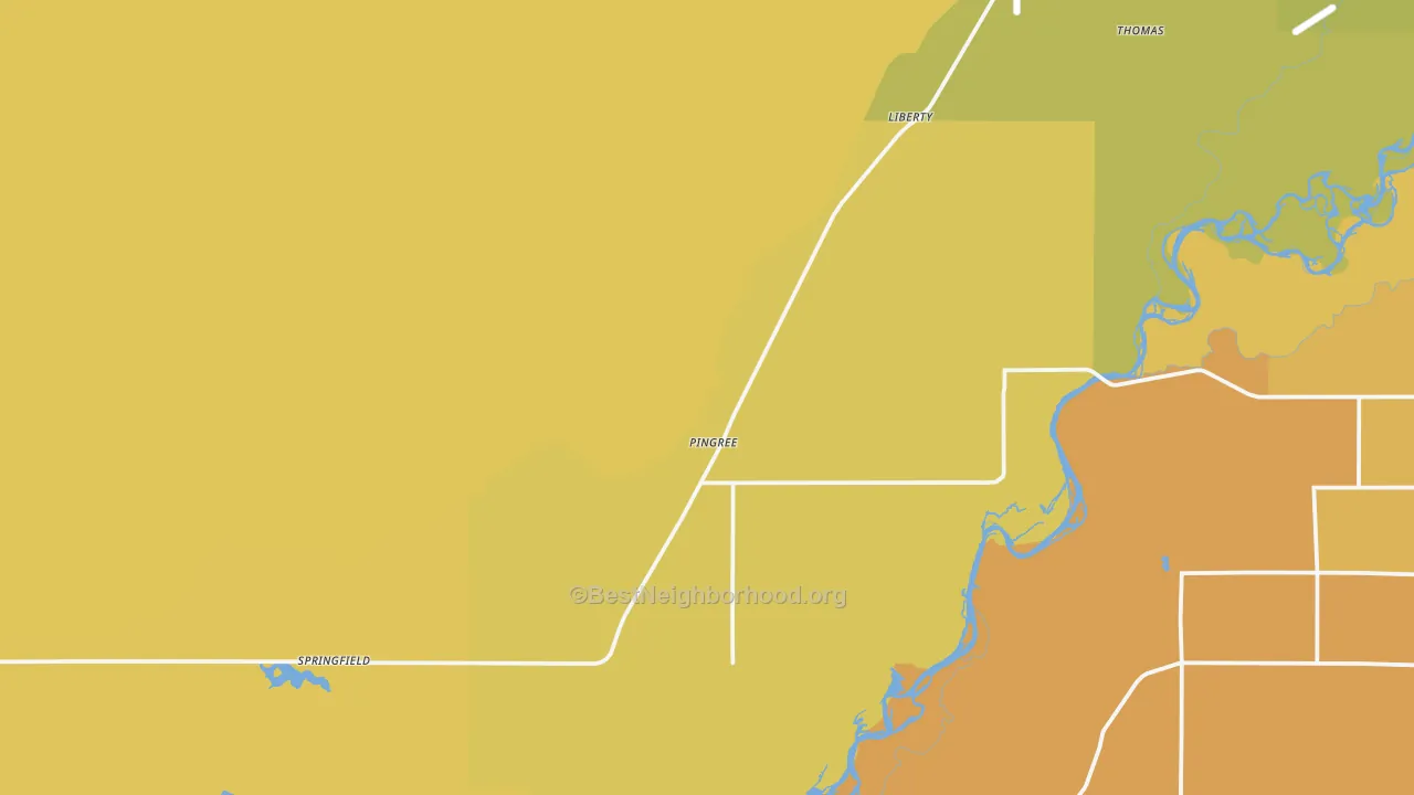 Map of the best neighborhoods in the Pingree area, with better matches in green and worse matches in red