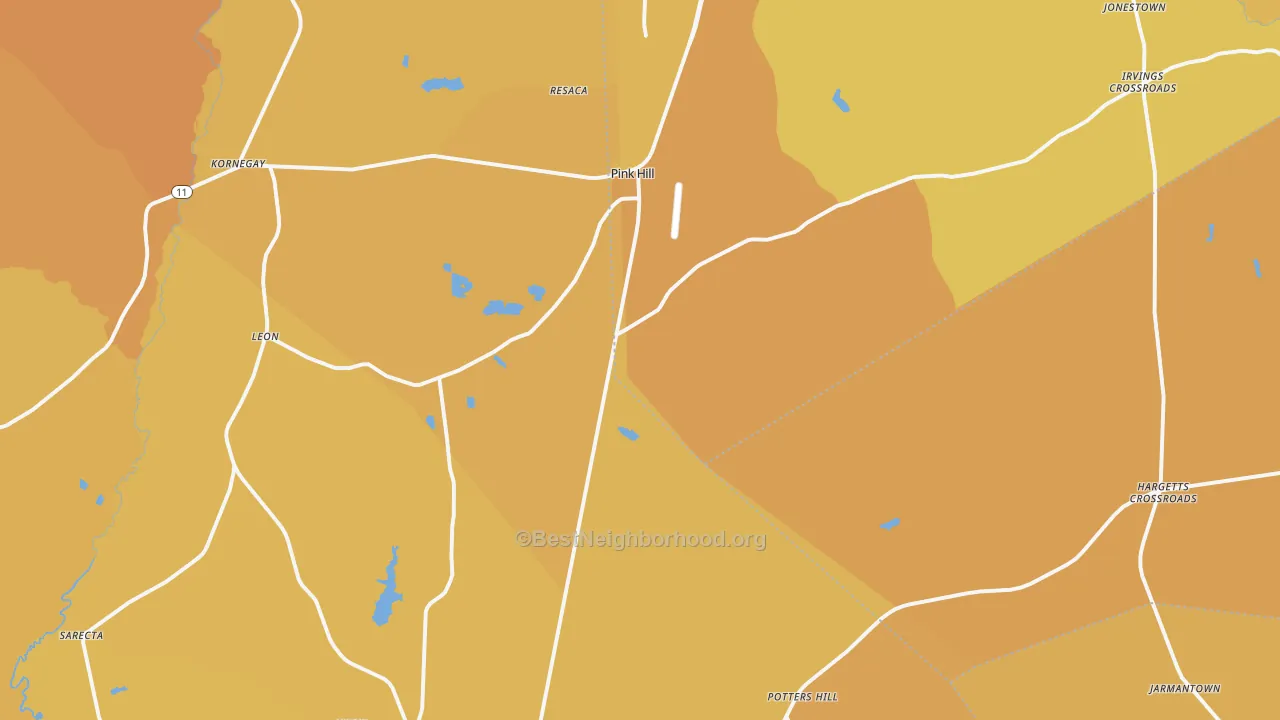 Map of the best neighborhoods in the Pink Hill area, with better matches in green and worse matches in red