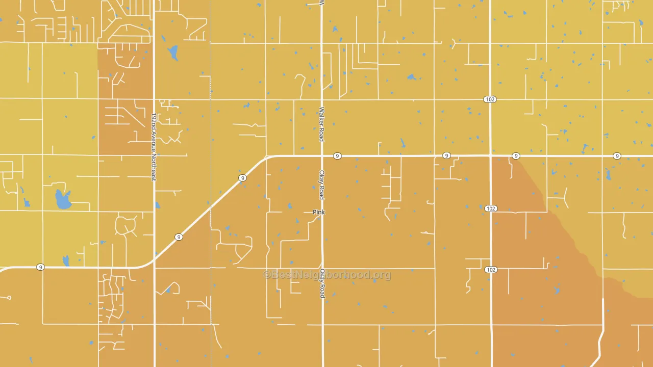 Map of the best neighborhoods in the Pink area, with better matches in green and worse matches in red
