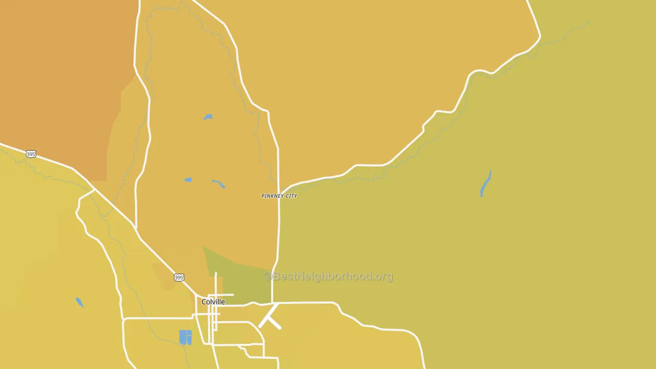 Map of the best neighborhoods in the Pinkney City area, with better matches in green and worse matches in red