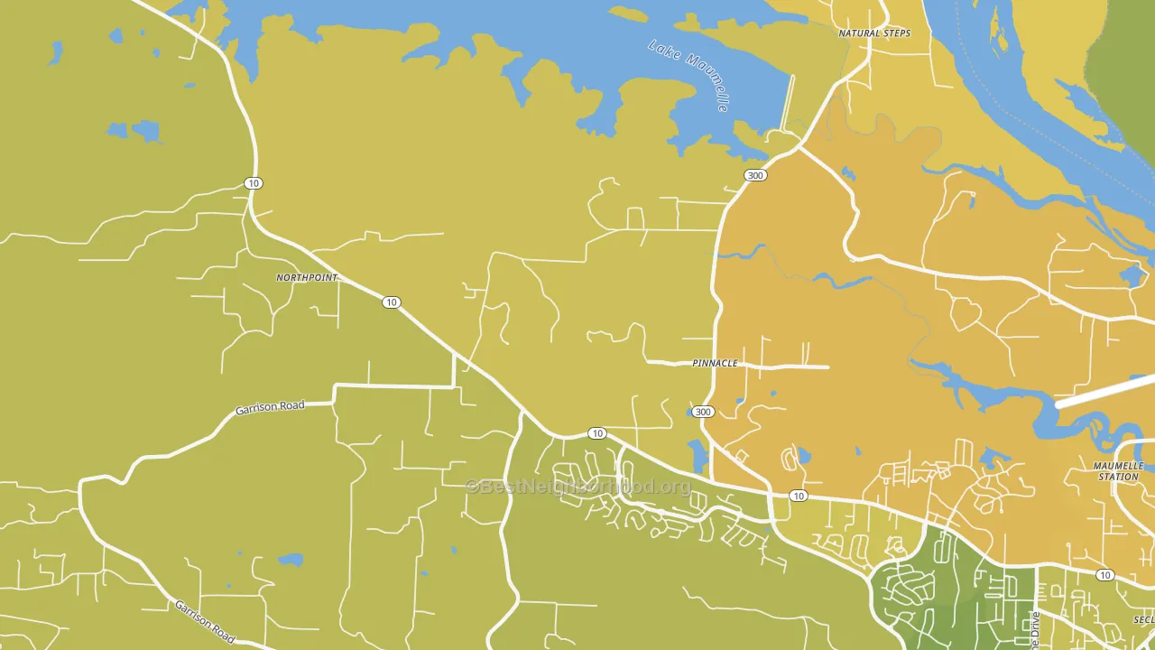 Map of the best neighborhoods in the Pinnacle area, with better matches in green and worse matches in red