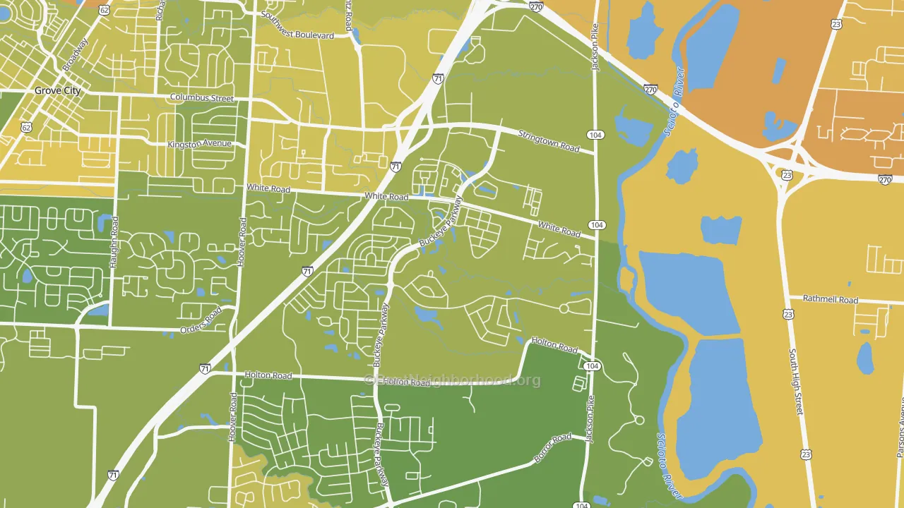 Map of the best neighborhoods in the Pinnacle Club, Grove City area, with better matches in green and worse matches in red