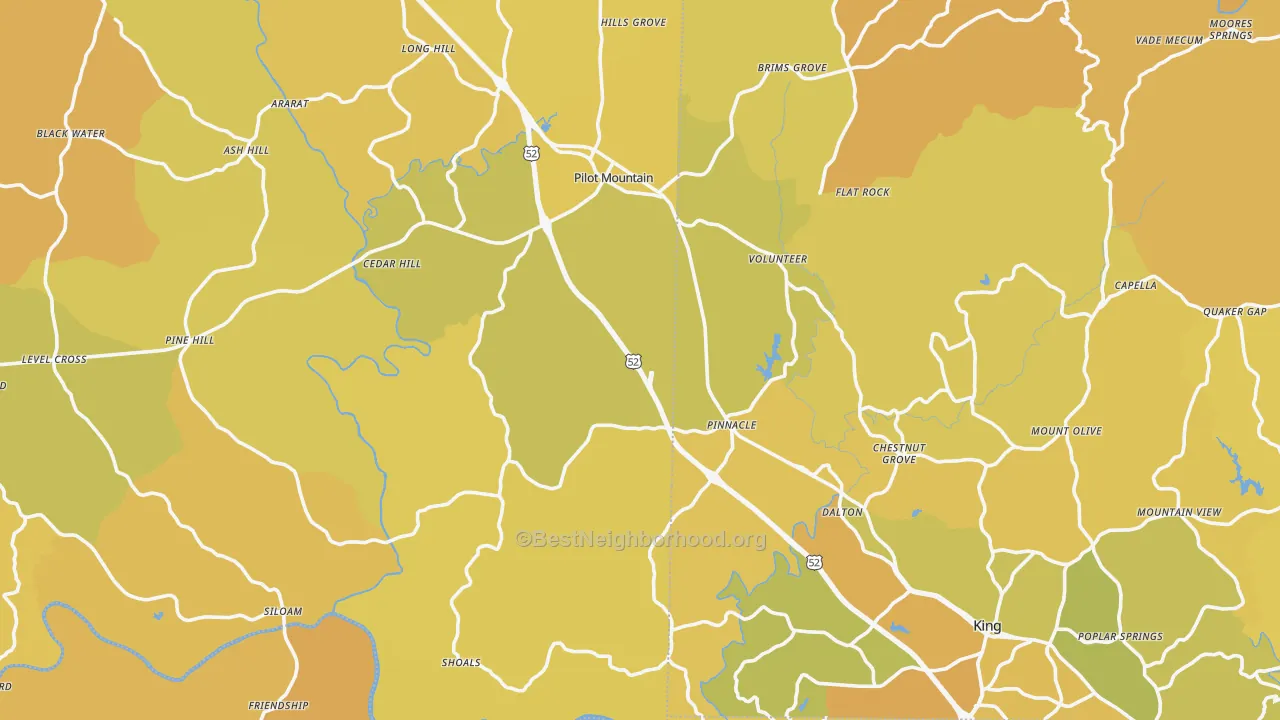 Map of the best neighborhoods in the Pinnacle area, with better matches in green and worse matches in red