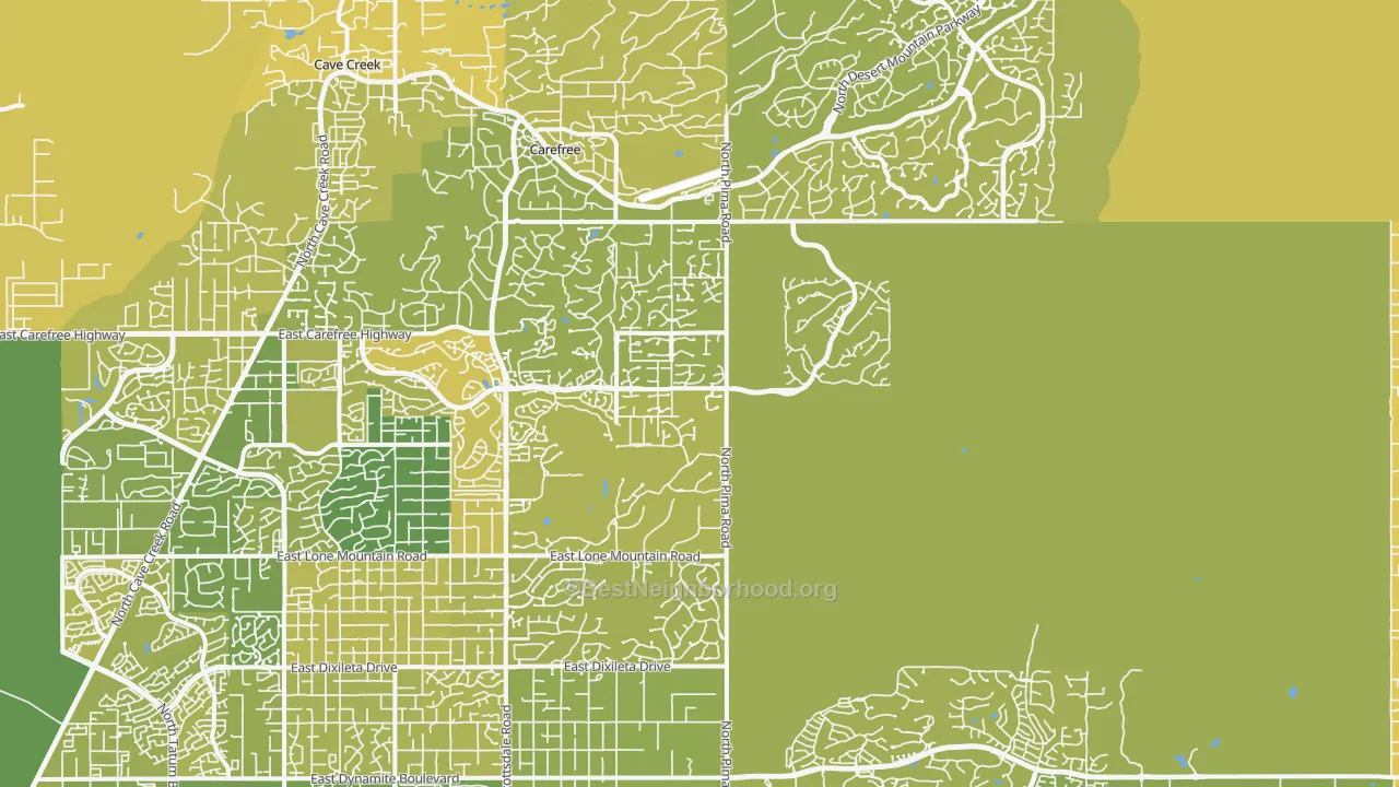 Map of the best neighborhoods in the Pinnacle Peak, Scottsdale area, with better matches in green and worse matches in red