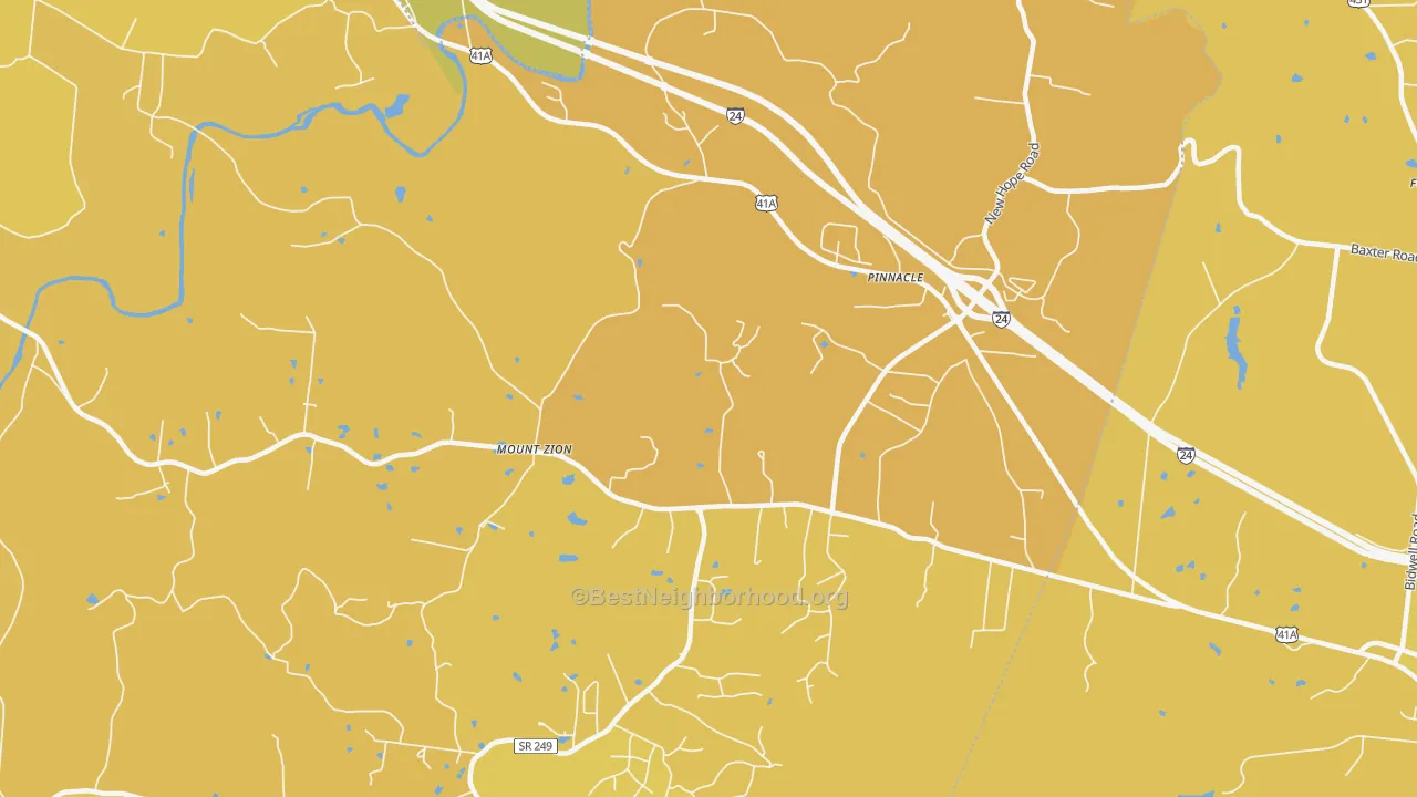Map of the best neighborhoods in the Pinnacle area, with better matches in green and worse matches in red