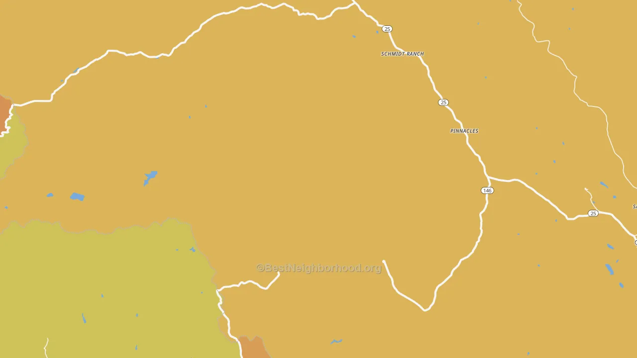 Map of the best neighborhoods in the Pinnacles area, with better matches in green and worse matches in red