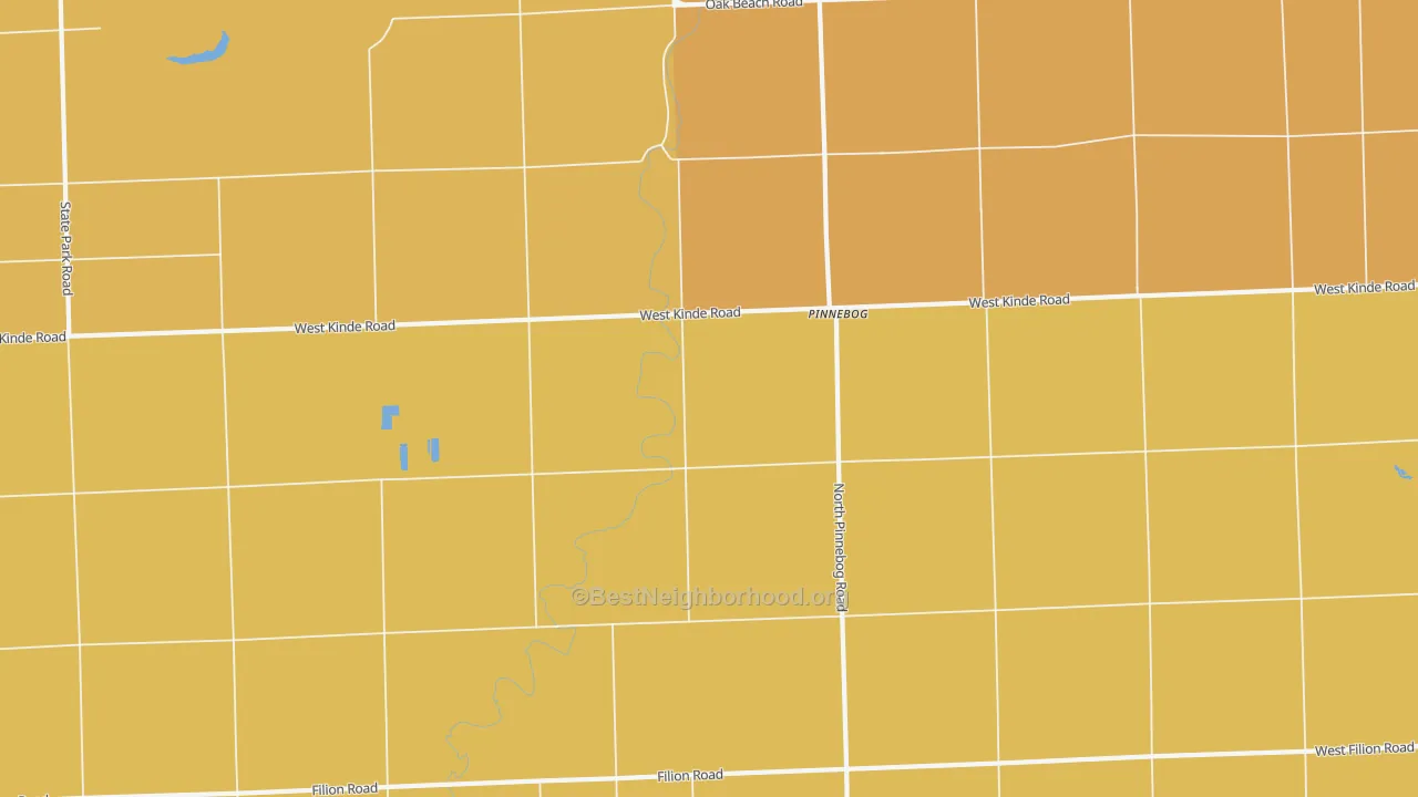 Map of the best neighborhoods in the Pinnebog area, with better matches in green and worse matches in red