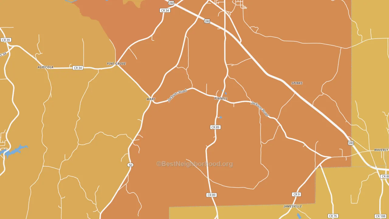 Map of the best neighborhoods in the Pinnell area, with better matches in green and worse matches in red