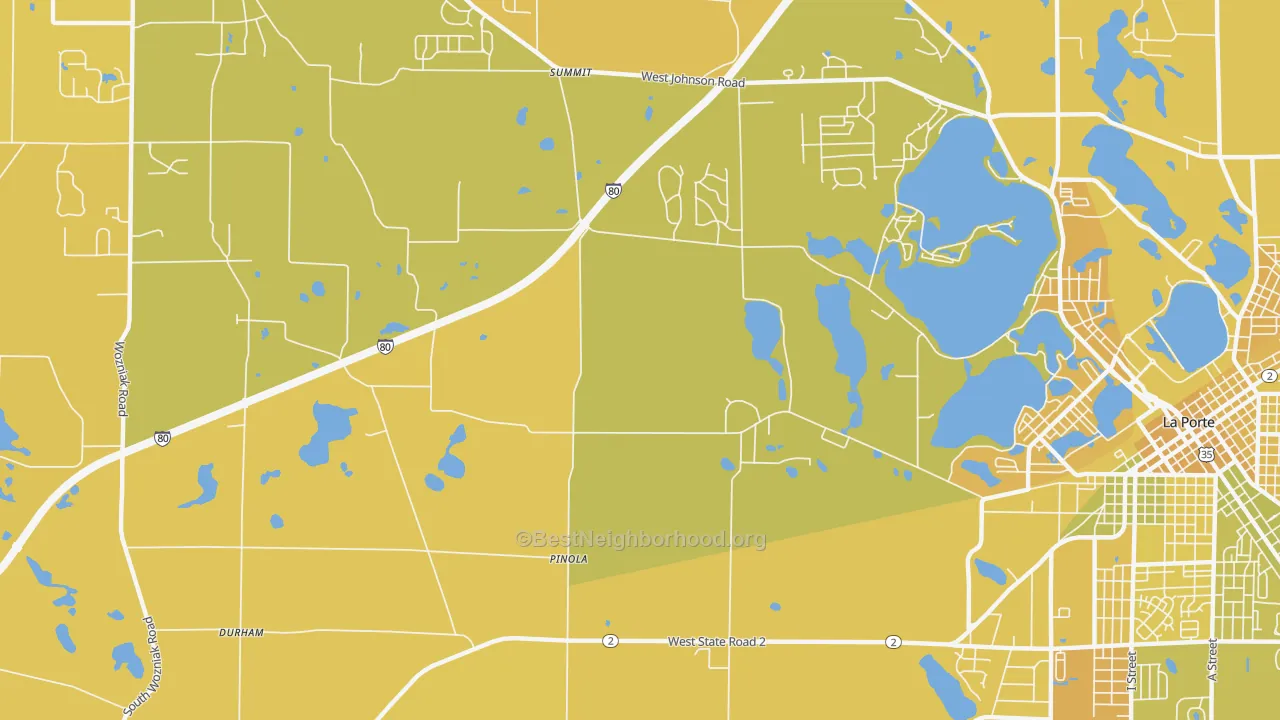 Map of the best neighborhoods in the Pinola area, with better matches in green and worse matches in red