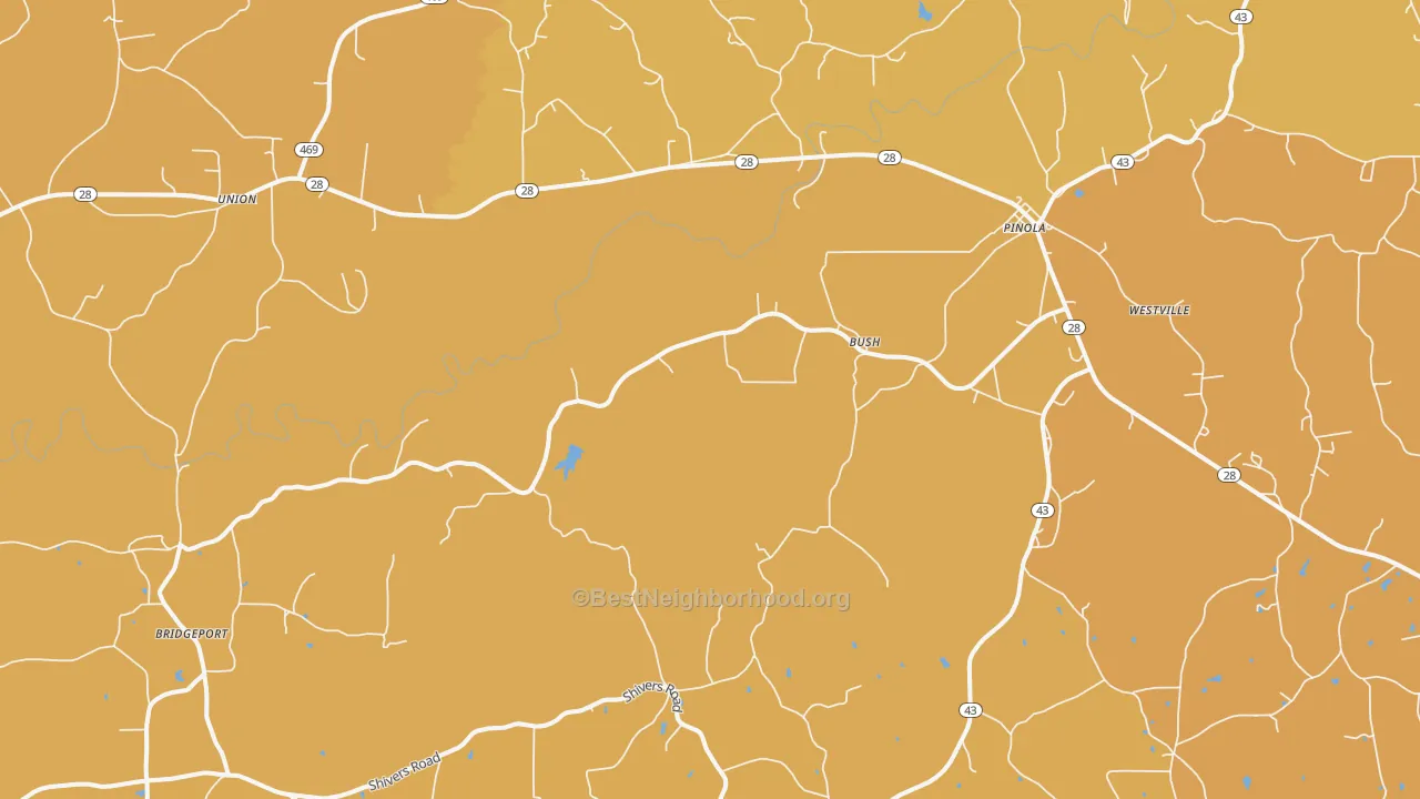 Map of the best neighborhoods in the Pinola area, with better matches in green and worse matches in red