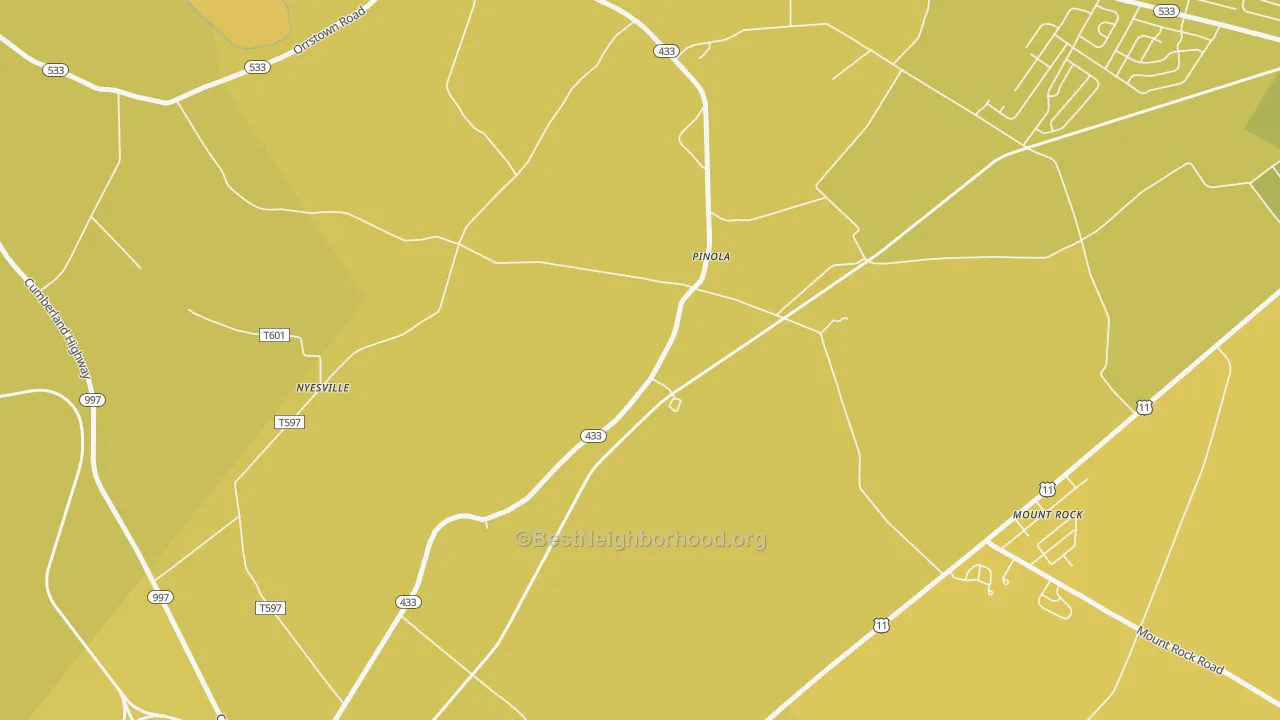 Map of the best neighborhoods in the Pinola area, with better matches in green and worse matches in red
